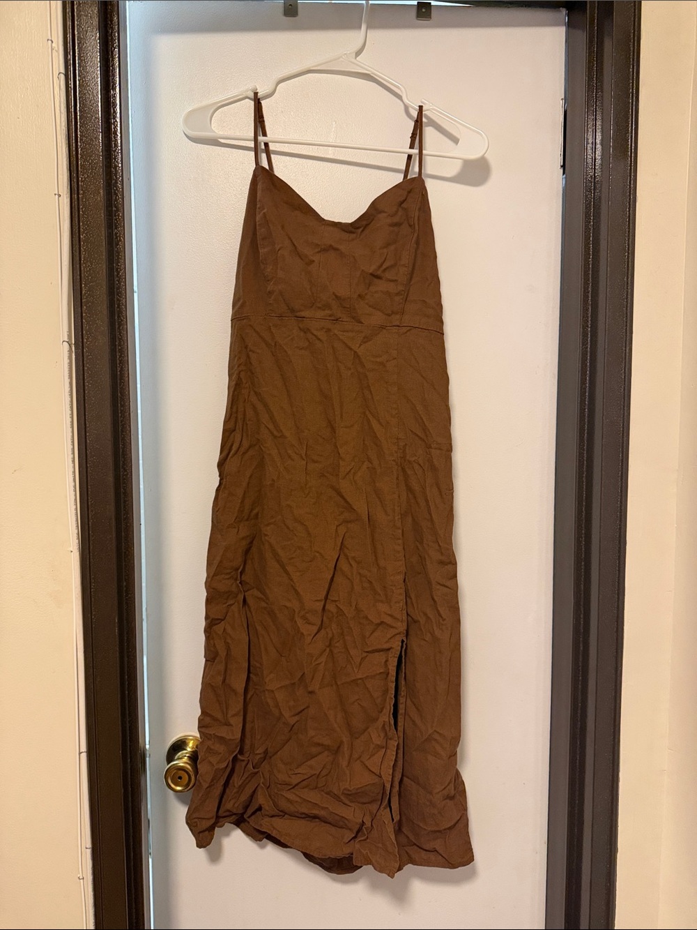 Linen Brown Spaghetti Strap Dress with tie back